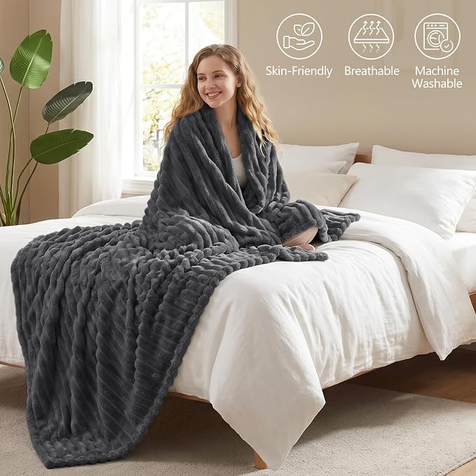 Dark Gray Twin Blanket for Bed & Couch, 60 x 80 Inch | 300GSM Ribbed Fleece Blanket, Soft, Cozy & Lightweight, OEKO-TEX Certified, All-Season Use for Travel, Dorm & Home Decor