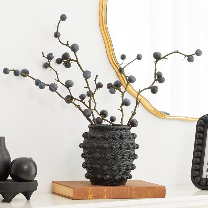 DN DECONATION Black Rustic Farmhouse Vase, 6.3" Flower Vase for Home Decor | Textured Boho Vase, Cement Decorative Flower Vases with Rope Knots for Living Room, Table Centerpiece, Shelf, Mantel Decor