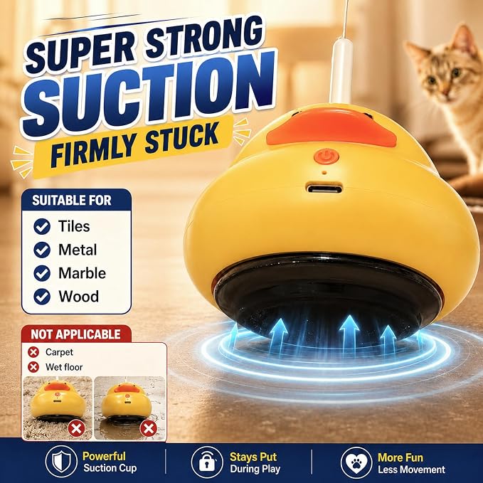 Automatic Cat Toys, Interactive Cat Toys for Indoor Cats | 360° Rotating Moving Cat Fishing Pole Toy, 2 Speeds with Bird Sound, 8cm Suction Cup & Weighted Base