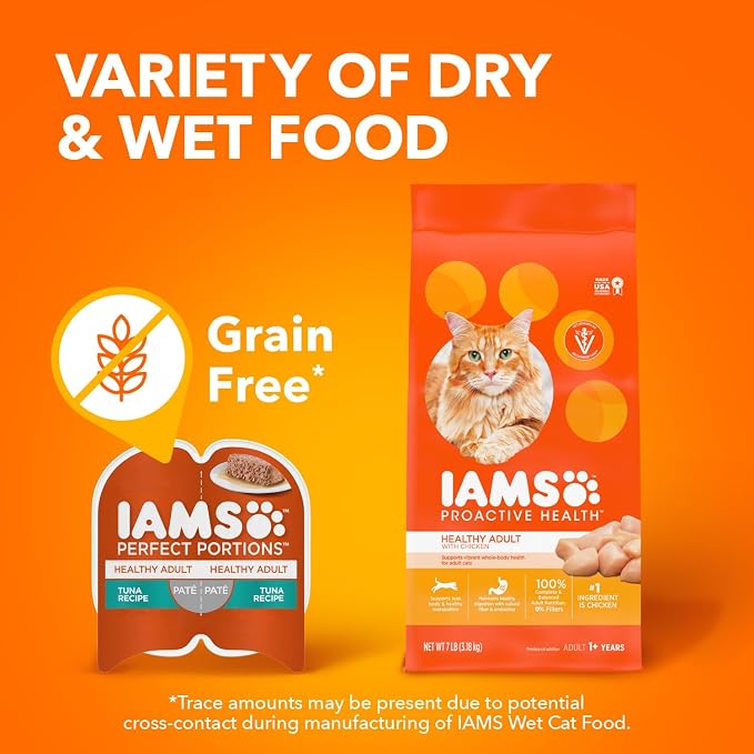 IAMS Perfect Portions Sensitive Digestion & Skin Wet Cat Food Pate, Healthy Adult Grain Free Pate, Chicken and Tuna Recipe, 2.6 oz. 12 Count (Pack of 4)