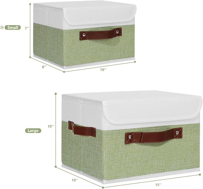 ANMINY Fabric Storage Box Bins with Lids, Green White, 10"x8"x7", 2 Pack | Keepsake Memory Storage, Cotton Linen, PP Board Reinforced, Washable, PU Handles, Foldable & Stackable, Decorative, Small