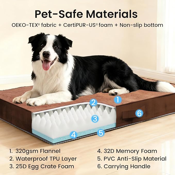 OhGeni Orthopedic Waterproof Med Large Dog Bed, Memory Foam, 36 inch(Brown) | Machine-Washable Removable Cover in Easy-Clean Fabric, Reversible Memory Foam & Easy-Carry Handle, Wider and Larger