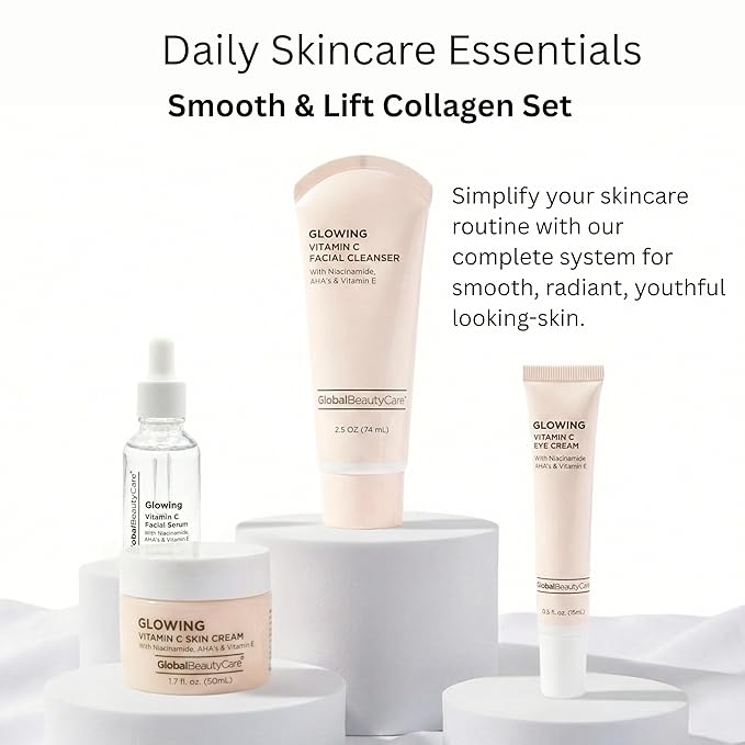 Global Beauty Care Vitamin C Glow Skincare Set - Complete Face Care Routine, Facial Cleanser, Serum, Eye Cream & Face Cream, with Niacinimade, AHA's & Vitamin E For Radiant Smooth Skin, 4-Piece Set