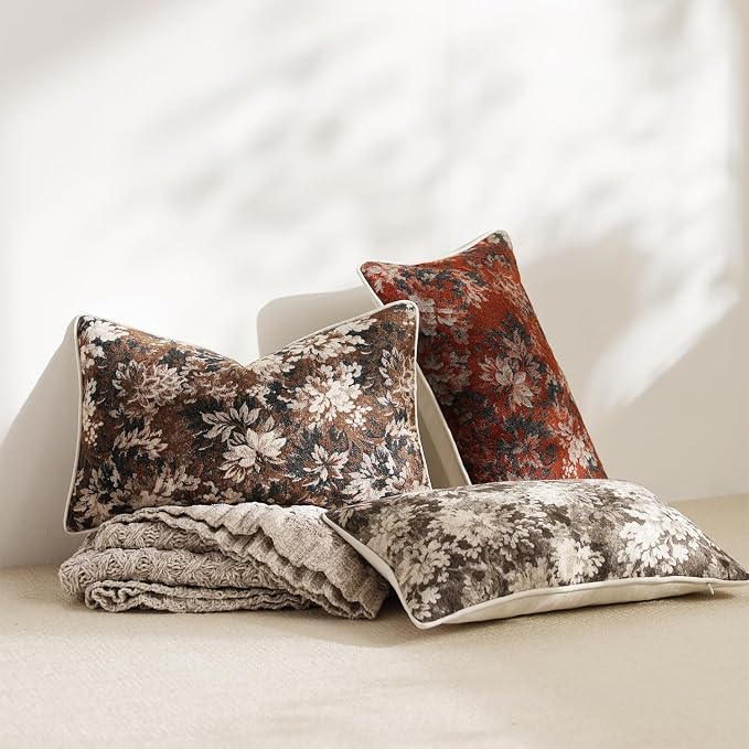 Pack of 2 Vintage Floral Pillow Covers 12x20 Boho Farmhouse Accents Chenille Rectangular Lumbar Decorative Throw Pillow Cases for Living Room Couch Bed Home Decor, Dark Brown