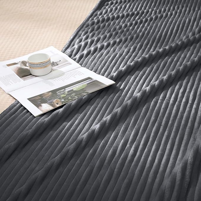 Vessia Flannel Fleece Throw Blanket, Lightweight Warm and Soft Striped Grey Couch and Bed Blanket, Cozy Microfiber Ribbed Sofa Decor for All Season
