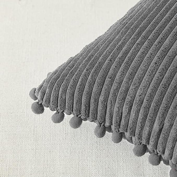 Fancy Homi Pack of 2 Dark Gray Decorative Throw Pillow Covers 26x26 Inch with Pom-poms for Couch Bed Living Room, Soft Corduroy Solid Square Cushion Case 66x66 cm, Farmhouse Boho Home Décor