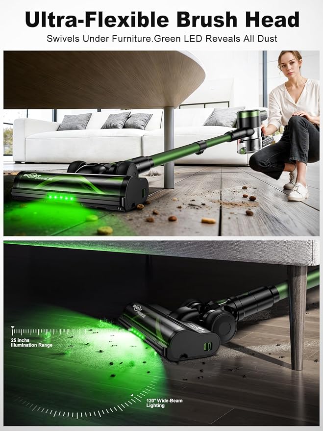Cordless Vacuum Cleaner, 58KPa/60Mins 10 in 1 Self-Standing Stick Vacuum | 29-inch Hose and LED Lighting Brush, Anti-Tangle Brush &3 Suction Modes, Quiet Vacuum Cleaner for Home, Pet Hair/Carpet/Floor