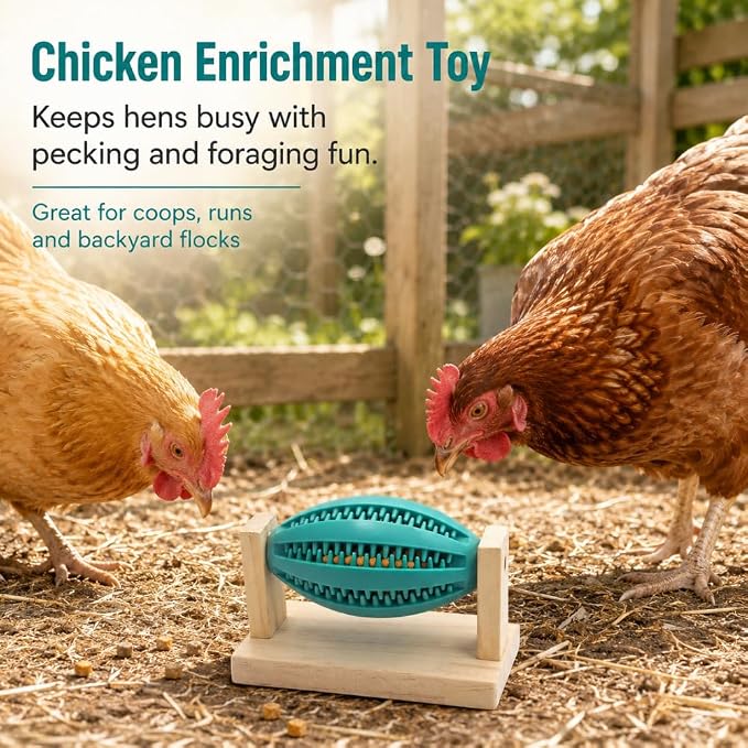Chicken Treat Dispenser Toy for Coop and Run, 5.5 in Rotating Treat Ball with Wooden Stand, Slow Feeder Foraging Toy for Hens and Backyard Chickens