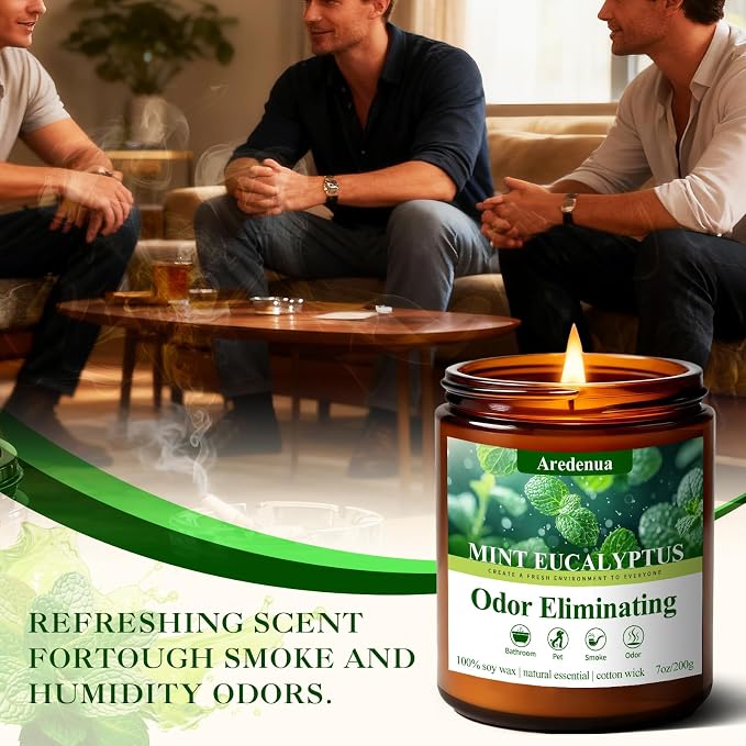 Mint Eucalyptus Odor Eliminating Candles | Eliminates 95% of Pet, Smoke, Food, and Other Smells Quickly – 7 oz Soy Candle for Home Scented - Air Freshing Scented Candles Gifts for Women Men