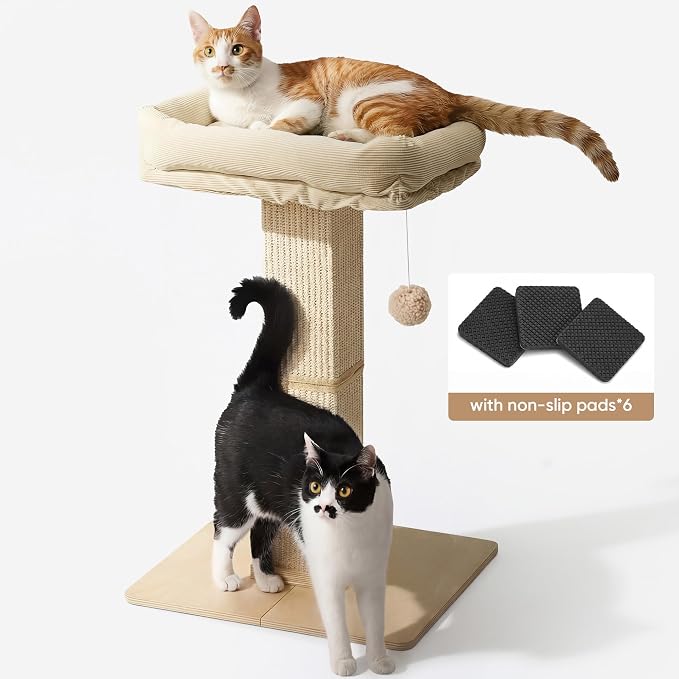 FUKUMARU Retro-Style Cat Scratching Post with Perch for Indoor Adult Cats | 28.7" Elevated Tall Cat Bed, Solid Wood Large Cat Scratcher Tower with Bed, Aesthetic Cat Tree Furniture with Natural Sisal