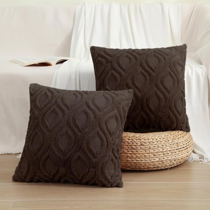 decorUhome Faux Fur Soft Dark Brown Throw Pillow Covers 24x24 Set of 2 | Plush Solid Fall Couch Pillow Covers, Accent Modern Farmhouse Neutral Decorative Square Pillow Cases for Sofa Bed Living Room