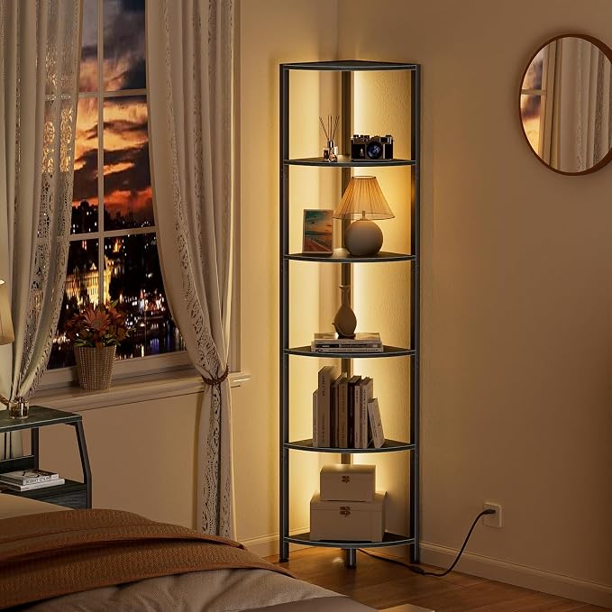 6 Tier Corner Shelf with LED Light, 67.5" Black Narrow Bookshelf | Tall Standing Shelf Organizer, Storage Rack for Wall Corner, Living Room, Bedroom, Metal Frame, Wood Display Shelf