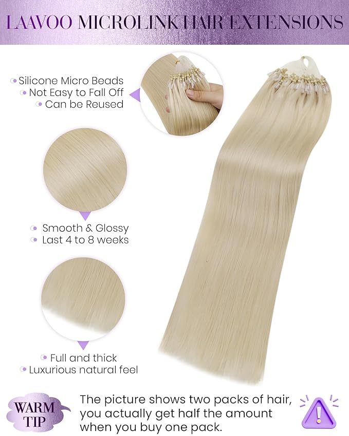 LaaVoo Microbead Hair Extension Human Hair Bleach Blonde Microloop Hair Extensions Human Hair Microlink Extensions Blonde Cold Fusion 50g 50s 16 Inch