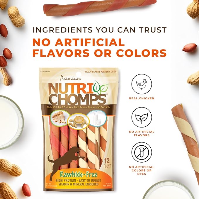 NutriChomps Rawhide Free Dog Chews, Chicken/PB/Milk, 5in Twists, 12ct | Long-lasting chew. High protein, low fat, healthy & delicious treat for dogs.
