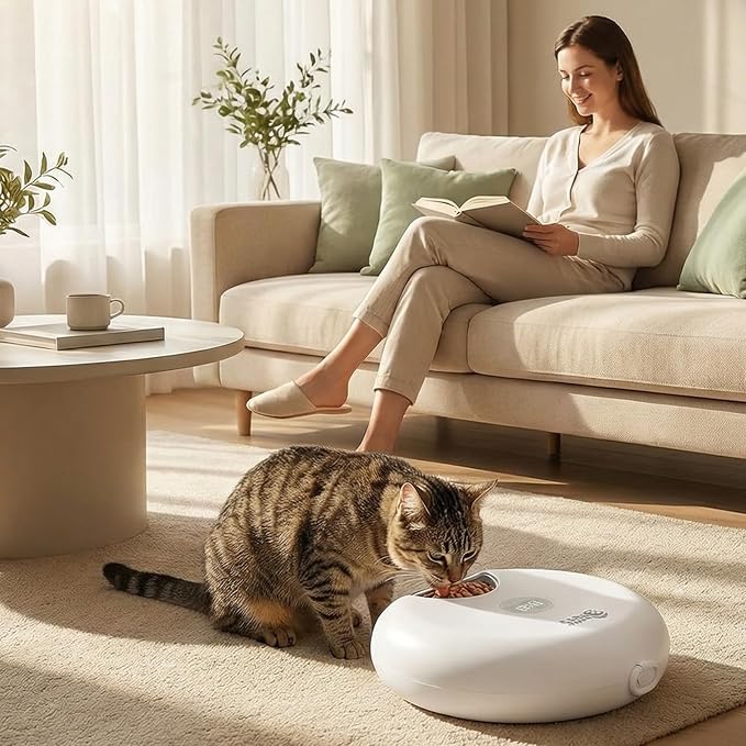 Ownpets Automatic Wet Food Feeder, 6 Meals Auto Dispenser with Timer | Stainless Tray, 2 Ice Packs, Cordless Design, 30-Day Battery Rechargeable, For Cats & Small Dogs, Easy Clean, White