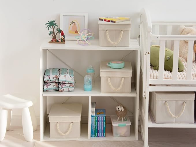 StorageWorks Storage Bins with Lids, Decorative Storage Boxes with Soft Rope Handles, Foldable Stackable Storage Baskets for Closet, Shelves, 3-Pack, Ivory and White, Medium
