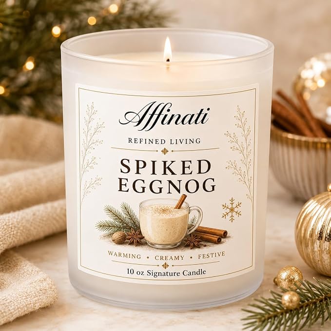 Affinati Spiked Eggnog 10 oz Scented Candle – Long Lasting Holiday Soy Blend Candle for Home, Strong Scent Throw Warm Spiced Cream Gourmand Candle, Premium Clean Burning Festive Gift