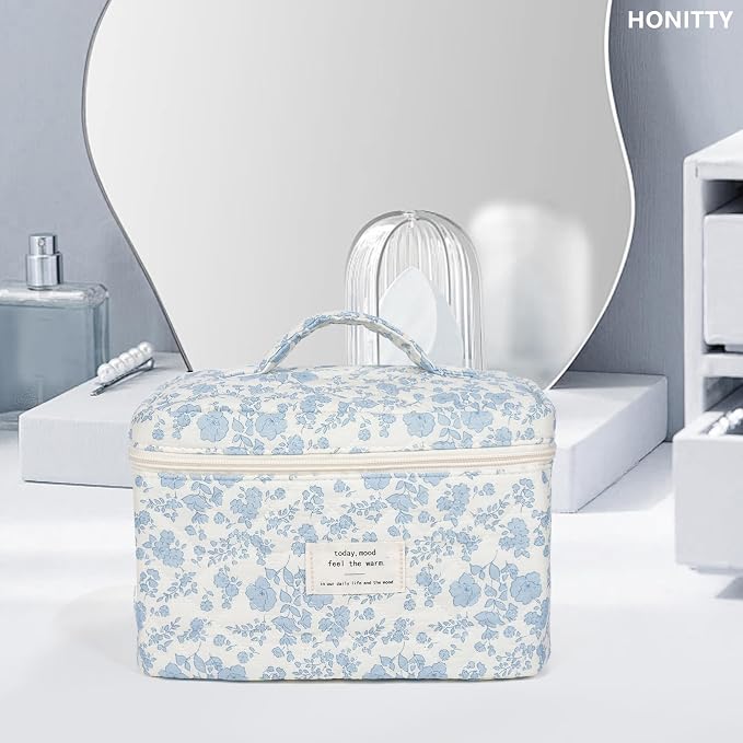 honitty Makeup Bag,Quilted Cosmetic Bags,Large Floral Make Up Bags for Women, Makeup Organize,Flower Travel Toiletry Bag