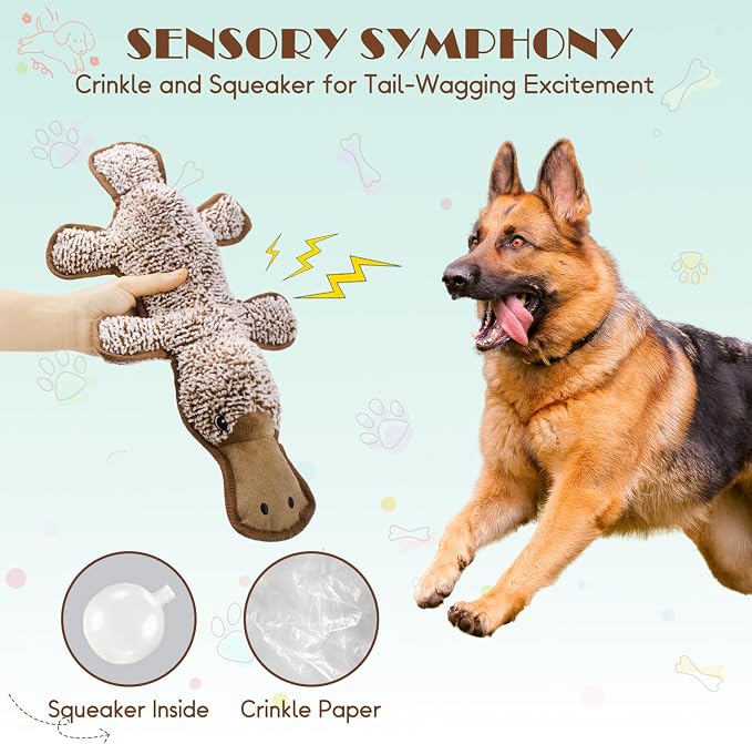 No Stuffing Dog Squeak Toys, Chew Toys for Small to Large Puppies(Platypus) | Durable Plush Puppy Teething Toys, Interactive to Keep Pets Busy, Toss Fetch Tug Play, Best Birthday Gift
