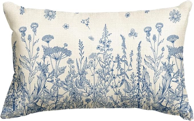 AVOIN colorlife Wildflowers Spring Blue Throw Pillow Cover 12x20 Inch | Summer Floral Cushion Case Decoration for Home Sofa Couch