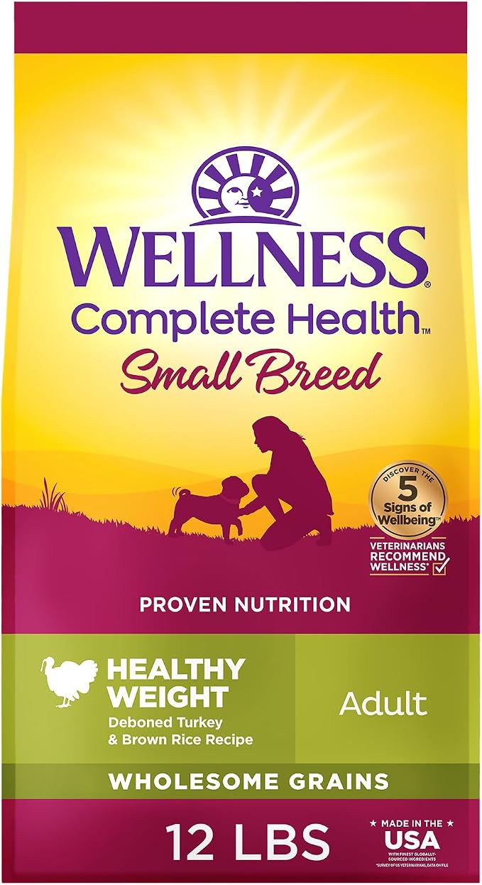 Wellness Complete Health Healthy Weight Small Breed Adult Dry Dog Food, Wholesome Grain Kibble, Natural, Turkey and Brown Rice Recipe, 12 lb Bag