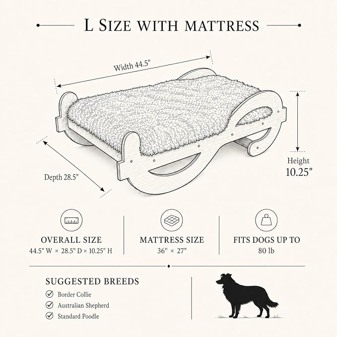 Wooden Elevated Dog Bed with Plush Mattress,L, Up to 80 lb | Raised Dog Bed Furniture with Walnut GrainPattern Frame, Designer Pet Sofa for Indoor Home Decor