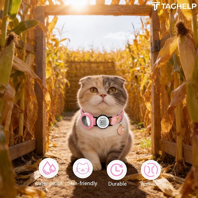 Waterproof Airtag Cat Collar, Breakaway with Stars and Moon with AirTag Holder for Apple. Solid & Safe, Pet Collar, Smart ID tag Cat Collar, Scan QR for Instant Location Alerts.NO APP (Pink B)
