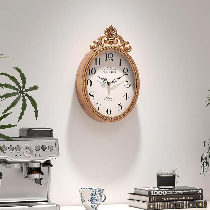 Abdurey Small French Retro Decor Wall Clock,Antique Gold Vintage Oval Style | Silent Battery Operated Boho Decorative Wall Clocks for Farmhouse,Kitchen,Bedroom,Bathroom(10.4"H x 6.7"W)