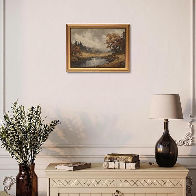 Vintage Gold Framed Wall Art Fall Forest Lake Landscape Painting Wall Decor | Autumn Scenery Pictures Canvas Art Farmhouse Cottagecore Small Framed Prints Artwork for Bookshelf Hallway Gallery Wall