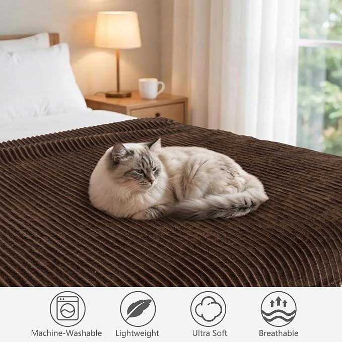 Vessia Flannel Fleece Throw Blanket, 300GSM Cozy Brown Striped Throw for Couch, Sofa and Bed, Warm and Soft Chocolate Microfiber Ribbed Blanket for All Season(50x40inch)