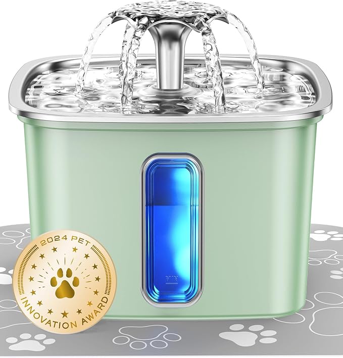 Veken Innovation Award Winner Stainless Steel Cat Water Fountain, 108oz | Automatic Pet Fountain Dog Water Dispenser with Replacement Filters & Silicone Mat for Cats, Dogs (Tea Green)