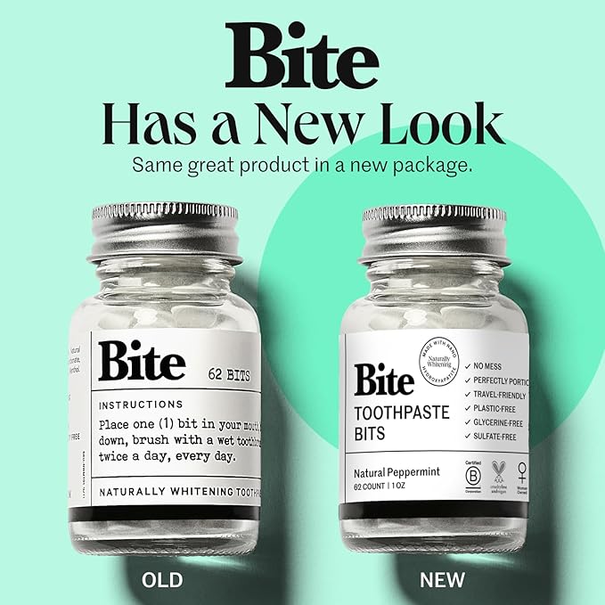 Bite Whitening Toothpaste Tablets – 2 Months – Fluoride Free, Nano Hydroxyapatite + Xylitol, Mint – Vegan, Cruelty-Free, Made in USA, Sensitive Teeth, Travel Size, Adults, Kids, (2 Bottles, 124 Tabs)