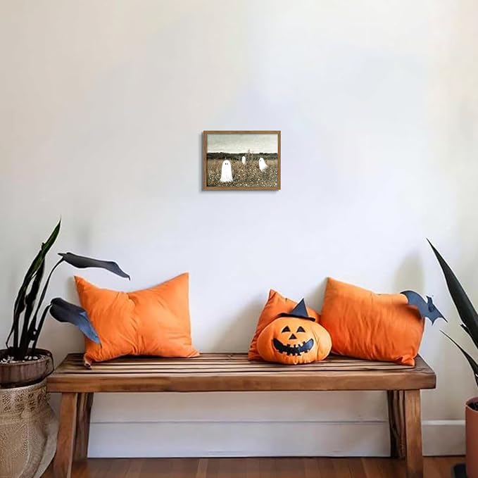 Framed Vintage Halloween Wall Art, Cute Ghost Meadow Painting, Rustic Landscape Canvas Halloween Wall Decor, Aesthetic Spooky Ghost Wall Art for Living Room Bedroom Bathroom 8x10 inch