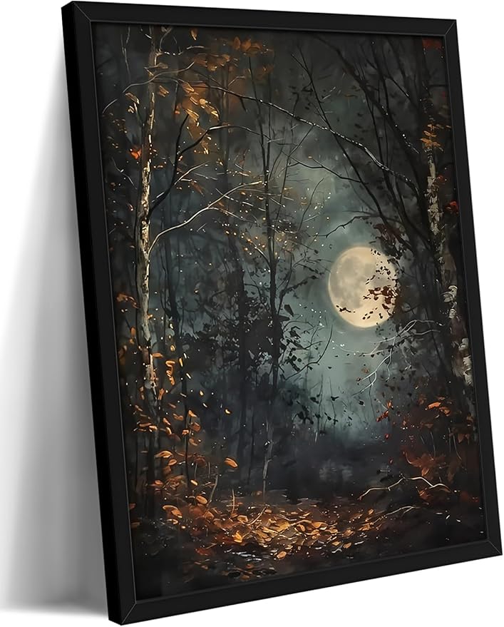 Vintage Framed Wall Art, Forest Gothic Decor, Dark Academia Celestial Moon Canvas Prints, Moody Landscape Painting Wall Decor for Living Room Bedroom – Black Wooden Frame 12x16in