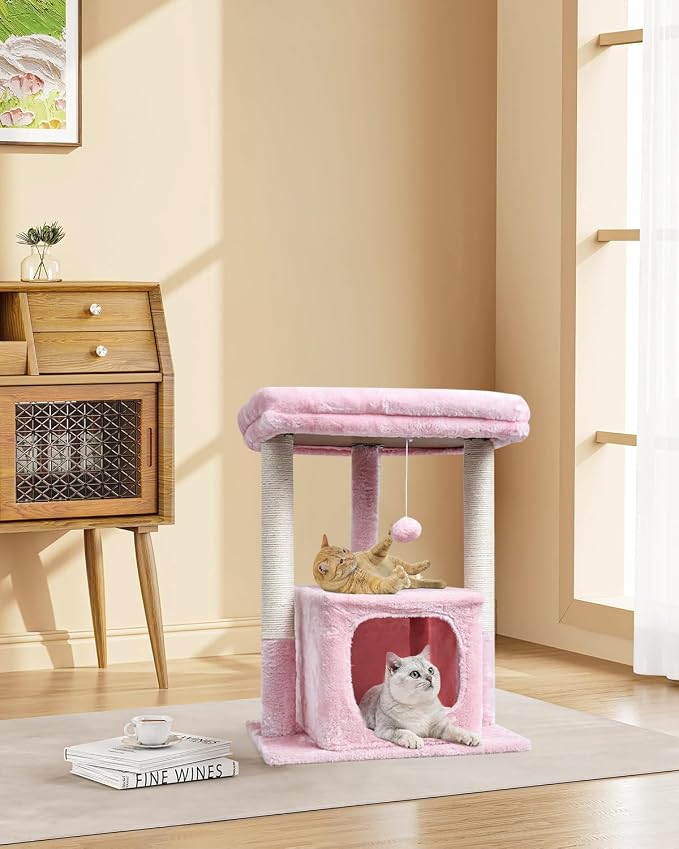 SYANDLVY Pink Cat Tree for Indoor Cats Large Adult, 27" Activity Tower | Scratching Posts, Modern House with Padded Perch, Kittens Condo, Cat Cave, Pink