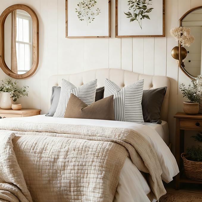 YCOLL Farmhouse Pillow Covers 18x18, Modern Accent Square Throw Pillow Covers Set of 2, Black and Beige Striped Patchwork Linen Decorative Pillows Cushion Covers for Couch Chair Bedroom Home Decor