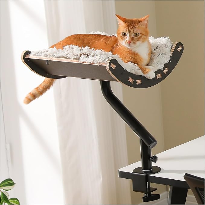 PEQULTI Desk Cat Bed, 360° Rotating Clamp-On Cat Hammock, Wood, Black | Clamps to desk edge (2.4", no drilling); holds 50 lbs; 360° rotating perch, 11.8" high; removable washable cushion