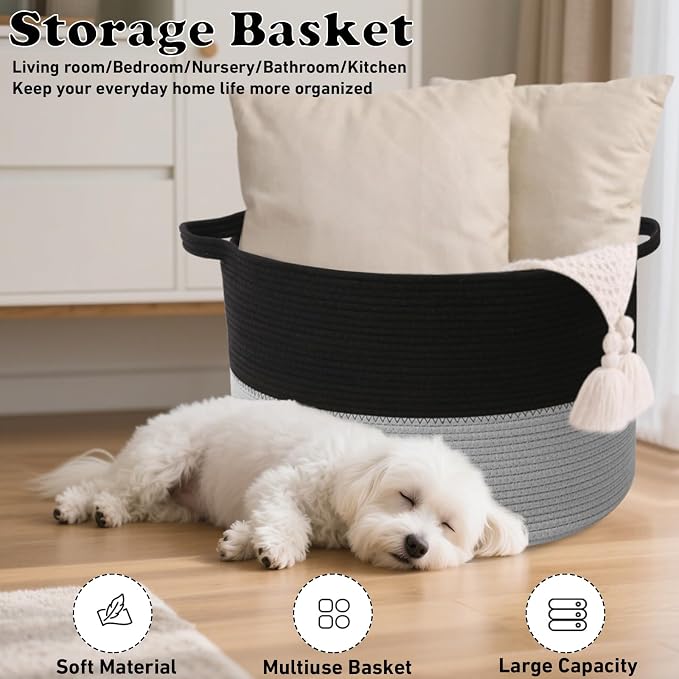 65L Large Blanket Basket,Woven Laundry Basket-Black&Light Grey | Collapsible, reinforced handles, nursery storage bin organizes clothes, toys and pillows for living room, bedroom bathroom