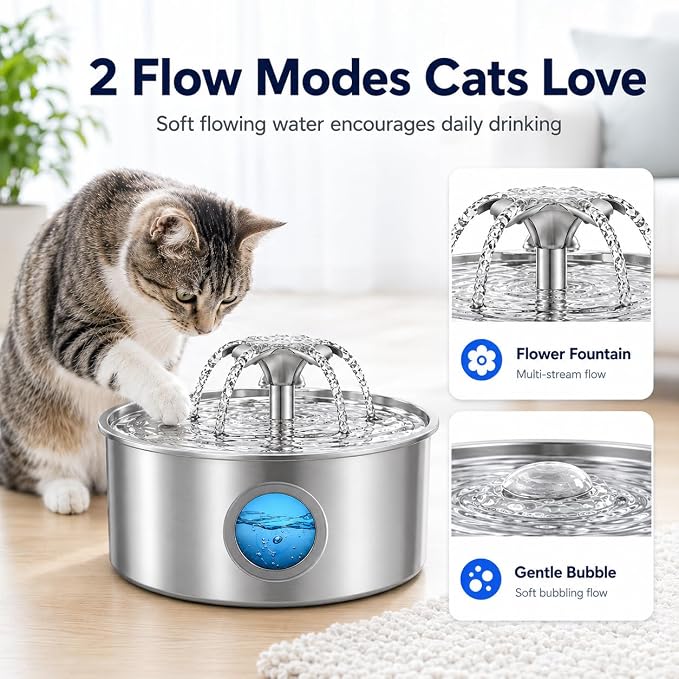 Cat Water Fountain, 3.2L 108Oz Stainless Steel Pet Fountain, 8 Filters | Stainless steel cat fountain, dishwasher safe with triple filtration, quiet pump and visible water window for cats and dogs.