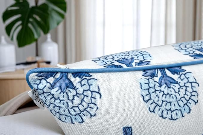 Marigold Floral Print 22x22 Pillow Covers Set of 2, Blue | Blue marigold floral on off-white slub, blue piping; both sides printed; hidden zip; cover only