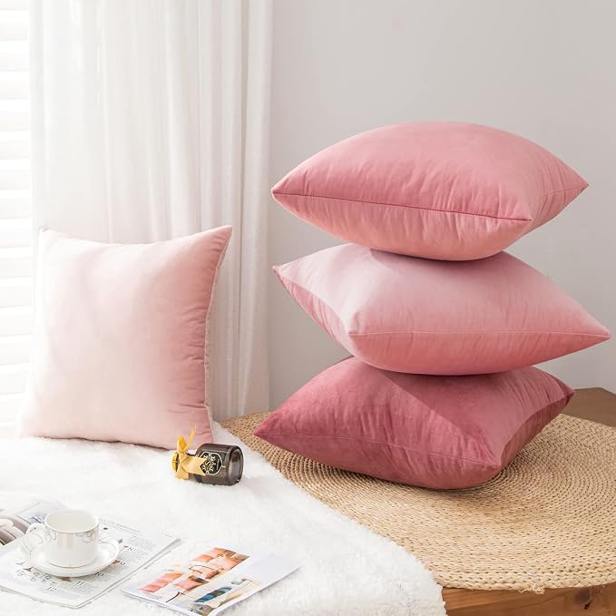 Velvet Decorative Throw Pillow Covers, Soft Square Cushion Case Home Decor for Living Room Couch Bed Sofa, Set of 2 Pack, Pink, 16x16 Inch