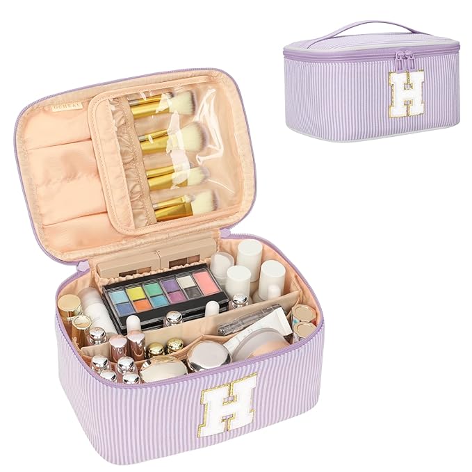 OCHEAL Makeup Bag Valentines Day Gifts for Women, Monogram Cosmetic Bag Purple Travel Makeup Case Beauty Toiletry Bag Organizer Personalized Gifts for Girls Bridesmaid, Sister, Wife, Friends Initial H