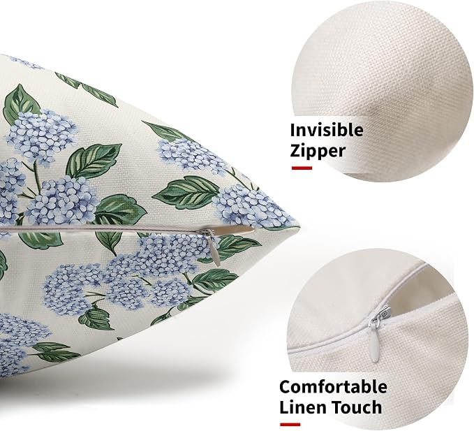 Square Blue Hydrangea Flower Pillow Covers 12x20 Inch Set of 2 Spring Blue Floral Cornflower Throw Pillow Cases Outdoor Linen Square Cushion Cover Farmhouse Decor for Bedroom Home Sofa Couch Bed