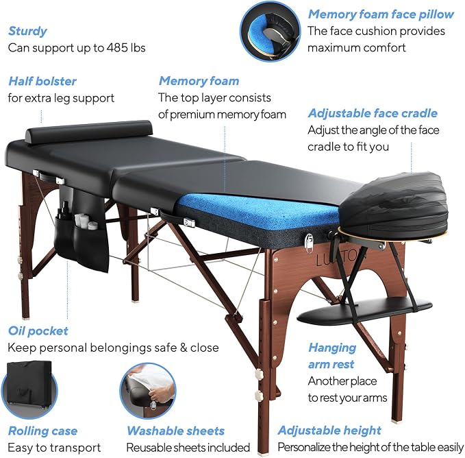 Premium Memory Foam Massage Table - Rolling Travel Case, Washable Sheets, Thicker & Wider