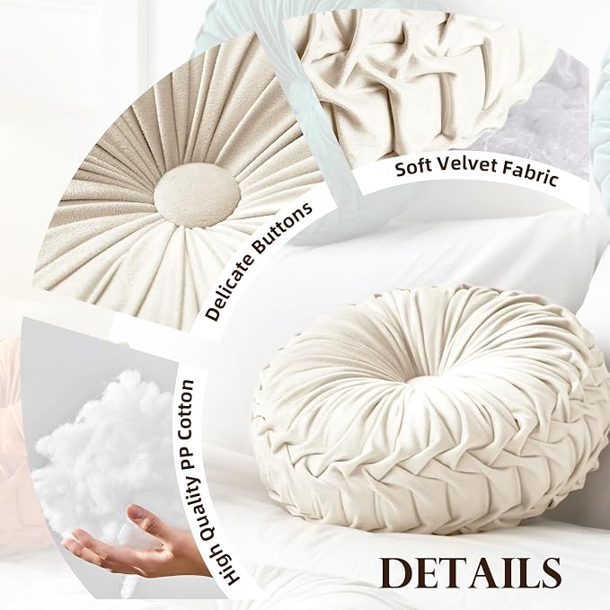 Teieas 2 Pcs Round Throw Pillows Decorative Velvet Pleated Bed Pillows | Olive floor pillow,back support for couch,chair,dorm,car,sofa,home decor 14.96 in