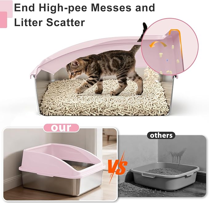 AIPERRO Stainless Steel Litter Box | XL Metal Cat Litter Boxes with Lid | Enclosed High Sided for Big Cats | Anti-Urine Leakage, Non-Stick, Easy to Clean with Litter Mat & Metal Scoop | Cute Pink