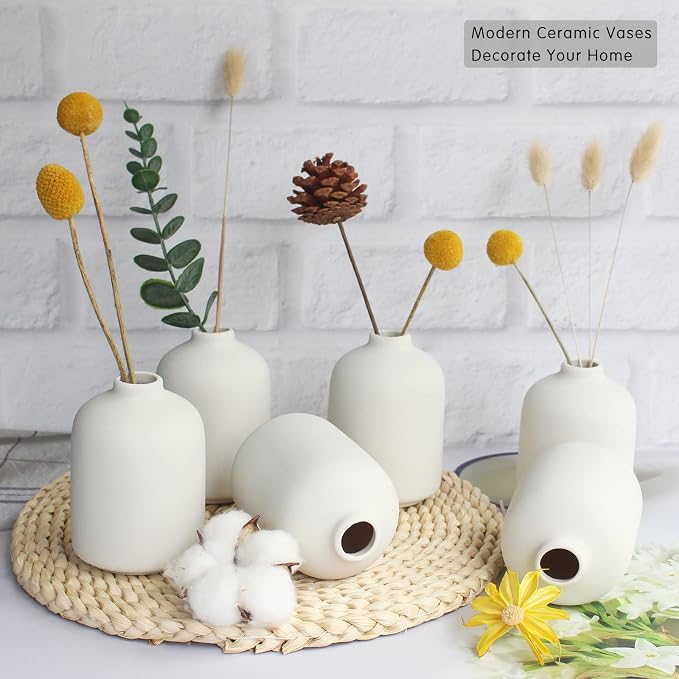 YANLING Small White Vase for Decor, 6 Pack Ceramic Vases for Pampas Grass | Boho Vase for Home Decor White Vases for Flowers, Modern Ceramic Vase Dried Flowers Vases
