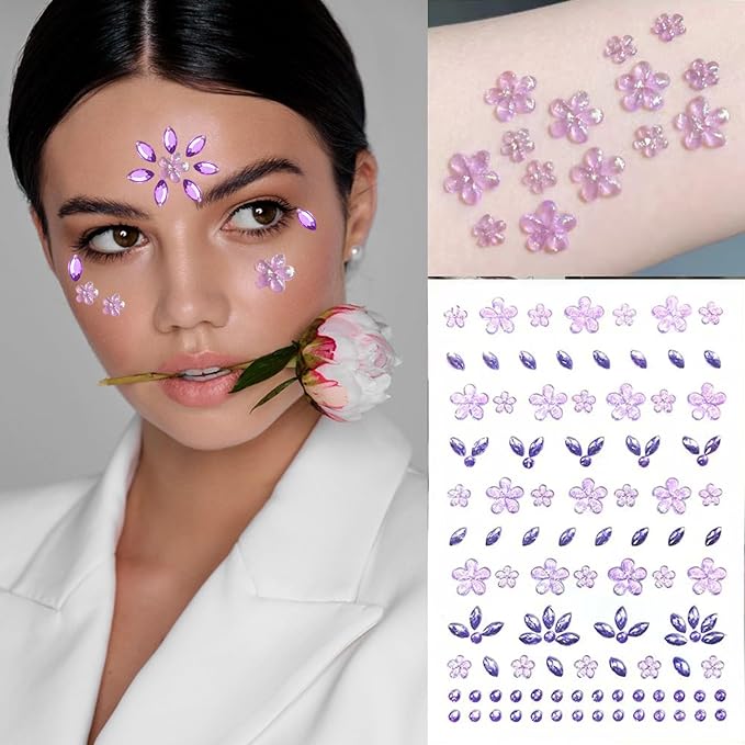 Purple Flower Face Tattoo Sticker - 172+pcs Summer Face Jewelry for Girls- Self-Adhesive Rhinestones for Eyes, Face, Nail Body – Festival Halloween Christmas Cosplay Makeup Decoration (purple)