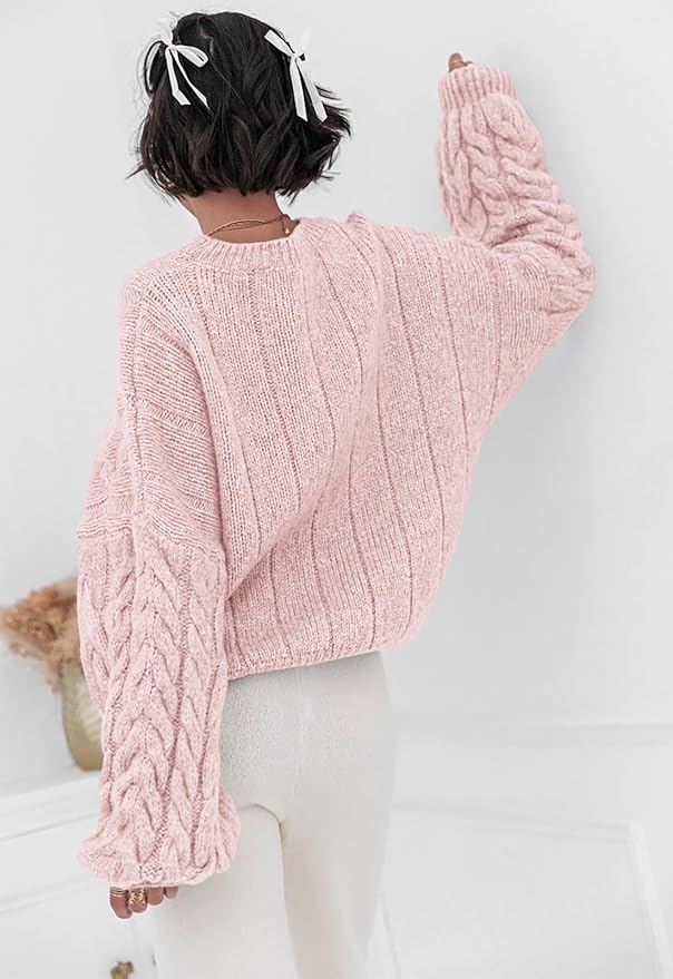 PRETTYGARDEN Womens Sweaters Spring 2026 Cable Knit Long Sleeve Crewneck Oversized Sweater Chunky Pullover Loose Outfits