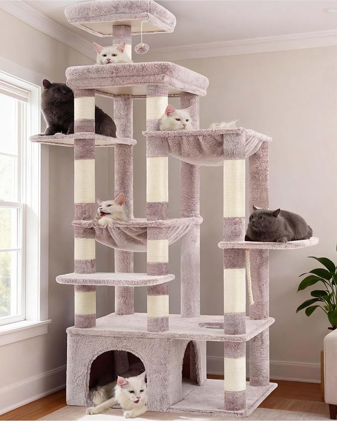 Heybly Cat Tree, 71-Inch Tall Cat Tower for Large Maine Coon Cats HCT037MU | Cat Condo Furniture with Extra-Large Baseboard, Multi-Level Platforms, 2 Hammocks and 12 Scratching Posts, Rosy Brown